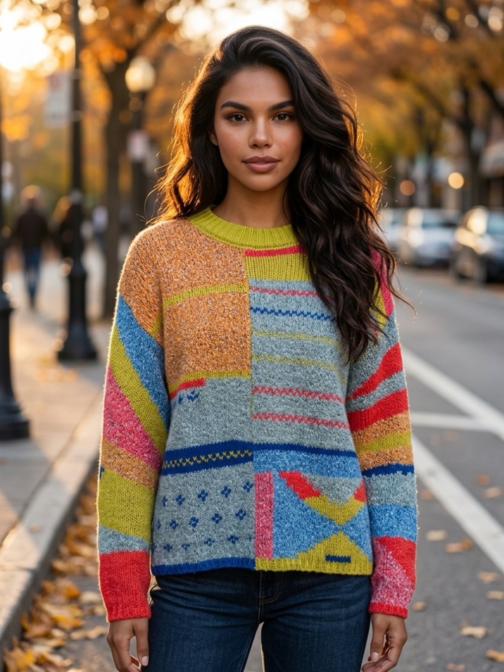 Colorblock Patchwork Crewneck Sweater - Multi